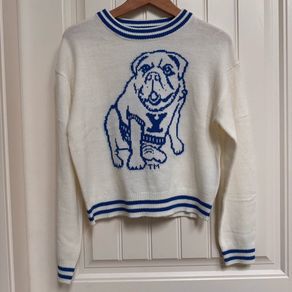 Divided Blue and Cream Yale Bulldog Cropped Sweater. Size S